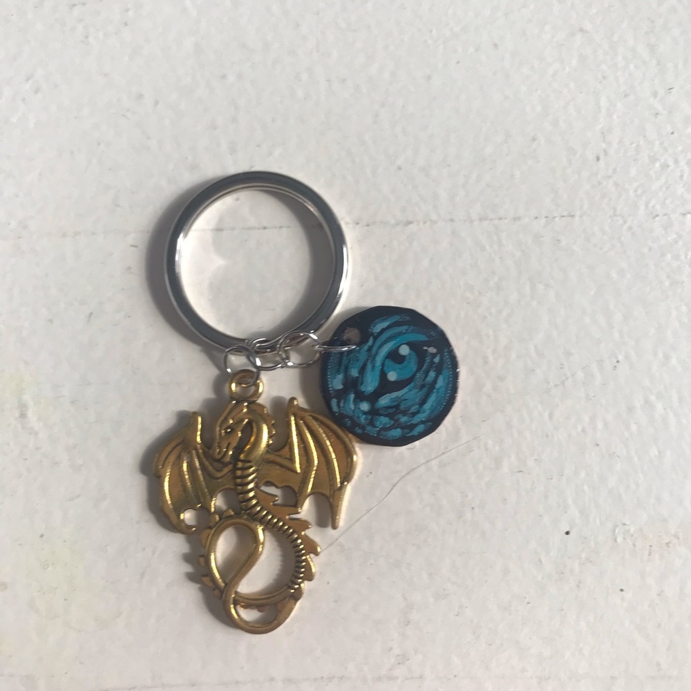 Gold Dragon Keychain with Teal Accent Charm